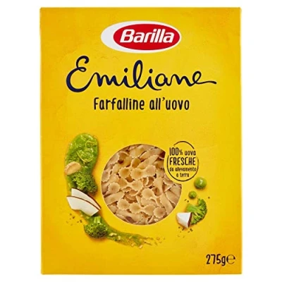 Afbeelding van Barilla Pasta all&#039; Uovo Le Emiliane Farfalline eierpasta 275 g + Italiaanse polpa Gourmet 400 20 stuks