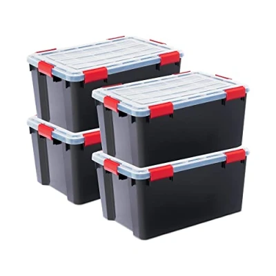 Afbeelding van Iris Ohyama, Opbergdoos, luchtdicht, 50 l, 4 stuks, zwart, deksel met waterdichte afdichting, 6 sluitclips, stapelbaar, voor buiten, garage, kleding, stofdicht, BPA vrij, DDAT L