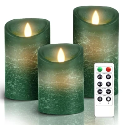 Afbeelding van AiiBowy Led kaarsen [3 stuks] vlamloos, echte was, afstandsbediening, buitenkaarsen, flikkerende vlam, timer, bediening voor binnensfeer en Kerstmis, bruiloft, feest (groen)