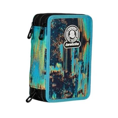 Afbeelding van Invicta Schooltas met 3 ritssluiting, blauw en zwart, drievoudig volledig vak pennen, potloden stiften, schoolaccessoires, rugzakaccessoires, basisschool, kinderen, blauw,, Blauw, School