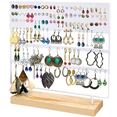 Afbeelding van Belle Vous Wit Metalen Oorbel Organizer Sieraden Display Standaard met Houten Basis 144 Gaten, 3 Lagen Opslag Voor Hangende Oorbellen, Kettingen &amp; Knopjes Houder Rek Dames Meisjes