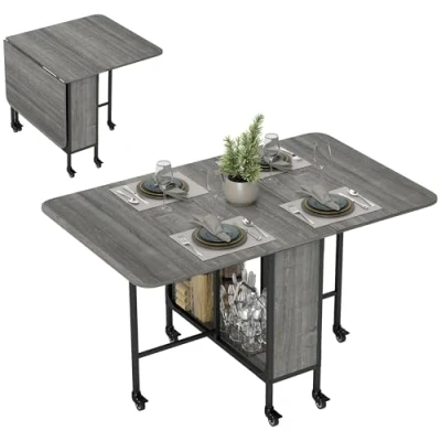 Afbeelding van HOMCOM Inklapbare eettafel, klaptafel, keuken, rechthoekig, uitschuifbaar op wielen tot 6 personen, en geïntegreerd rek, voor kleine ruimtes, eetkamer, grijs