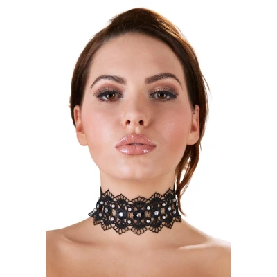 Afbeelding van Zwarte Geborduurde Halsband Met Steentjes