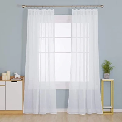 Afbeelding van Deconovo Set van 2 voile gordijnen met plooiband ,voor woonkamer, winkel, linnenlook, transparant, 242 x 132 cm (hoogte breedte), wit