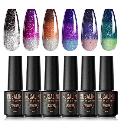 Afbeelding van ROSALIND Nagellaksetje, thermische glans, 6 mini kleuren, nagellak met kleurwisseling, glitter, peel off