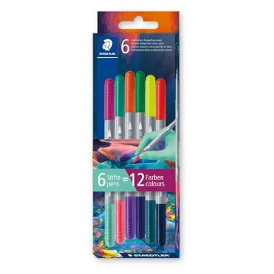 Afbeelding van Staedtler 3280C6E2 1 set van 6 tweekleurige viltstiften, twee punten, verschillende kleuren, lijnbreedte 3 en mm, kartonnen etui met viltstiften in kleuren