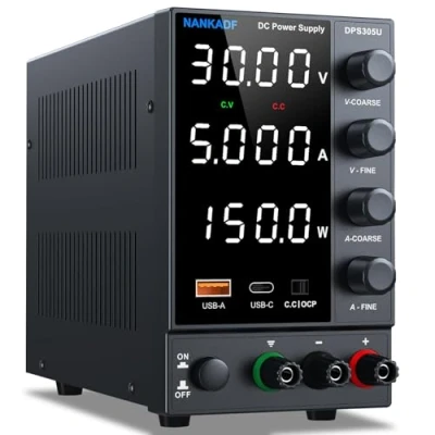Afbeelding van 30 V 5 A instelbare laboratoriumvoeding, variabele DC voeding met USB A/type C snellaadpoort, zeer nauwkeurig 4 led display