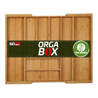 Afbeelding van ORGA BOX UNIVERSAL Verstelbare bamboe bestekbak voor ladebreedte 400 600 mm tot 7 vakken ladediepte 473 mm, inclusief messenblok 6 messen