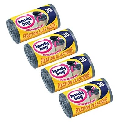Afbeelding van Handy Bag 4 rollen à 15 vuilniszakken, 30 l, duwgrepen, elastische bevestiging, zeer resistent, lekvrij, 53 x 63 cm, donkergrijs, ondoorzichtig