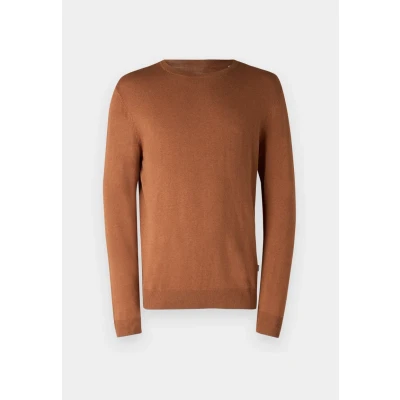 Afbeelding van JACK &amp; JONES Emil knit crew neck slim fit heren pullover viscosemengsel met O hals cognac bruin Maat: XXL