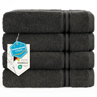 Afbeelding van Hammetex Set van 4 hoogwaardige handdoeken, 100% katoen, grote 50 x 100 cm, zacht, absorberend en sneldrogend, antraciet