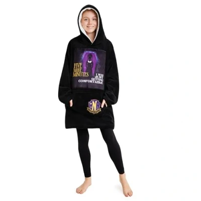 Afbeelding van Wednesday Woensdag Addams geruite trui voor kinderen, oversized, fleece, jongeren, meisjes, eenheidsmaat, Zwart 5 More Minutes