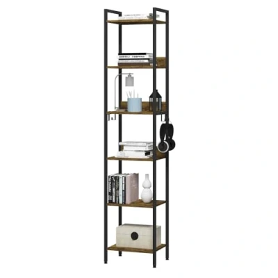 Afbeelding van WOLTU Opbergrek met 6 niveaus, keukenrek 4 haken, boekenkast in industriële stijl, vrijstaande plank voor woonkamer, keuken, smalle plank, vintage houtlook, 40 x 30 187