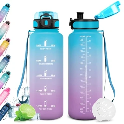 Image de KollyKolla Gourde de sport 1,5 l sport, sans BPA, bouteille d&#039;eau avec indicateur temps pour adulte, école, gym, travail, vélo, randonnée, cyclisme