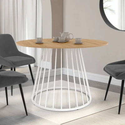 Image de Table à manger ronde YUNA 6 personnes plateau bois et pied filaire en métal blanc 110 cm IDMarket