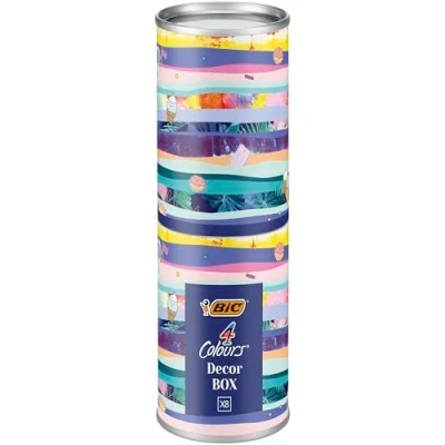 Image de BIC 4 Couleurs Message Box Stylos Bille Rétractables Pointe Moyenne (1,0 mm) Décors Assortis, Boîte Cadeau Métallique de 8