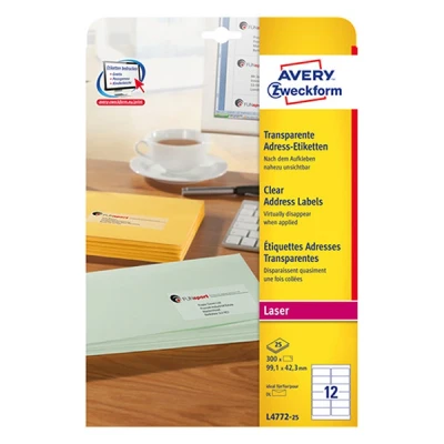Image de Avery zweckform l4772 25 lot de 30 étiquettes transparentes faciles à décoller quickpeel pour imprimante laser 99,1 x 42,3 mm