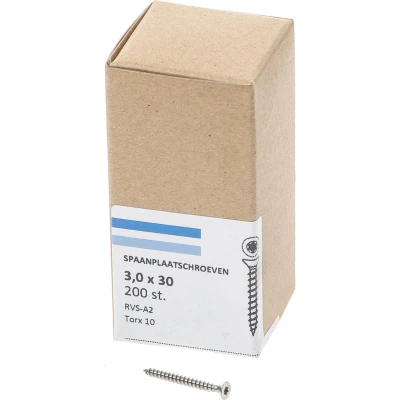 Afbeelding van Spaanplaatschroef RVS 3,0 x 30 mm, Torx10 (200 stuks)