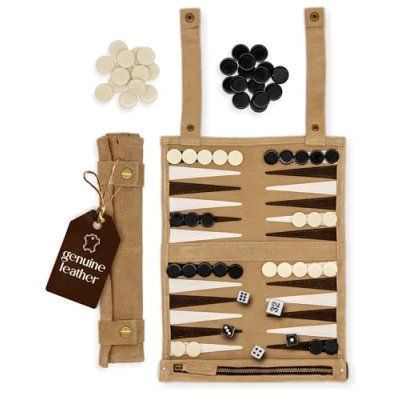 Afbeelding van Amari ® backgammon Reiskoffer, backgammon, rolbaar, voor reizen en onderweg, hoogwaardige koffer, reisspel, van leer