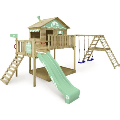 Afbeelding van WICKEY speeltoestel klimtoestel Smart Ocean met schommel &amp; pastelgroene glijbaan, outdoor klimtoren voor kinderen zandbak, ladder speelaccessoires de tuin