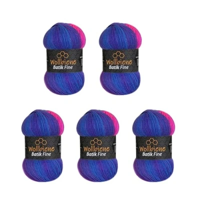 Afbeelding van Wollbiene Batik Fine Wol, 5 x 100 g, 500 gram wol met kleurverloop, meerkleurig, kleur: 1530 paars blauw neonroze