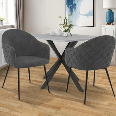 Afbeelding van Set van 2 MOLY eetkamerstoelen en tafelarmstoelen in donkergrijs fluweel met reliëf