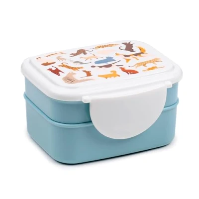Afbeelding van Bentobox/Lunchbox Feline Fine Cats Lichtblauw&amp;Wit Bestek 9x15,5x14cm