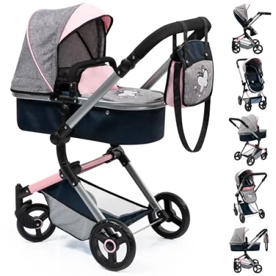 Image de Bayer Design 18427AA Landau pour poupée Neo Vario, convertible, pliable, réglable, sac, moderne, bleu, jeans gris, rose