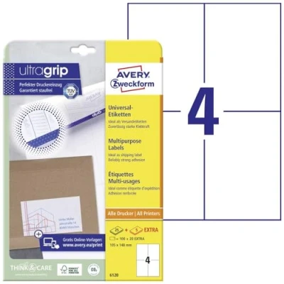 Afbeelding van Avery Zweckform 6120, Universele etiketten, Ultragrip, wit, 25+5 vel, 4 per 105 x 148 mm etiket