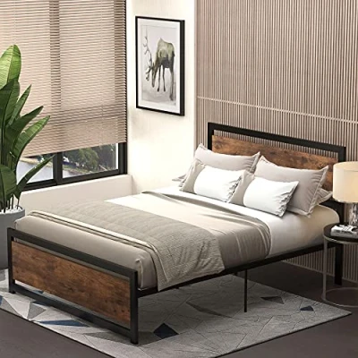 Afbeelding van HOMCOM Bedframe voor tweepersoonsbed van staal met lattenbodem en hoofdeinde, geschikt matras, 190 x 140 cm, donkere houtlook