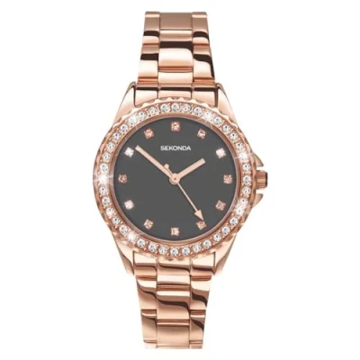Afbeelding van Sekonda Elizabeth Dameshorloge, kwarts, 33 mm, met stenen bezet kast, analoge weergave en roestvrijstalen armband, zwarte wijzerplaat, roségoud, eenvoudig, Roségoud enkel