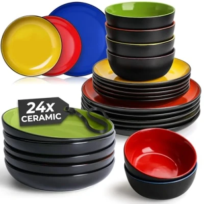 Afbeelding van MIAMIO 24 delig tafelservies voor 6 personen/aardewerk servies inclusief borden, diepe borden en kommen magnetron vaatwasmachinebestendig Le Papillon collectie (gemengd)