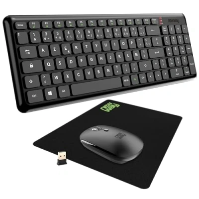 Afbeelding van NEWWAY RF01 draadloos toetsenbord met mat Frans (AZERTY) 97 toetsen 13 multimedia sneltoetsen wifi muis 2,4 GHz 4 compacte USB ontvanger zwart