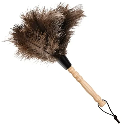 Afbeelding van Struisvogelveer, pluizige struisvogelplumeau, met draadhandvat van hout, natuurlijke struisvogelveren, antistatisch, 32 cm