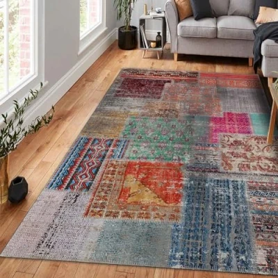 Afbeelding van bamyum Denise Tapijt met chenilleprint, machinaal gemaakt, 80 x 300 cm, wasbaar tapijt, woonkamer, patchwork, vintage slaapkamer, antibacterieel, antislip, keukentapijt