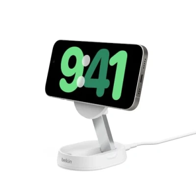 Image de Belkin BoostCharge Pro Support de chargement sans fil magnétique, convertible, avec Qi2 15 Watt 3 A Fast Charge blanc