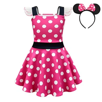 Afbeelding van Lito Angels Minnie Mouse jurk met muisoren, haarband voor kinderen, meisjes, maat 12 18 maanden (etiket van stof 90), A gestippeld warmroze