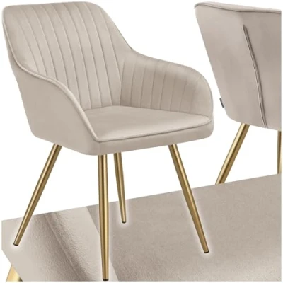 Afbeelding van tectake® Fluwelen Stoel Eetkamerstoel Met Gewatteerde Stof, Moderne Keukenstoelen, Comfortabele Fauteuil Voor Woonkamer, Eetkamer, Lounge taupe / goud