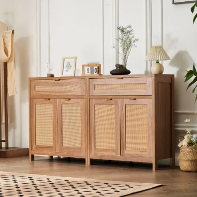 Image de VEVOR Buffet en Rotin Armoire avec 4 Portes 2 Tiroirs et Étagères Réglables 2PCs