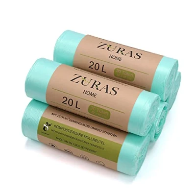 Afbeelding van ZURAS® 150 stuks biologisch afbreekbare vuilniszakken op plantaardige basis 20 liter gecertificeerd en getest volgens DIN 13432 scheurvast waterdicht