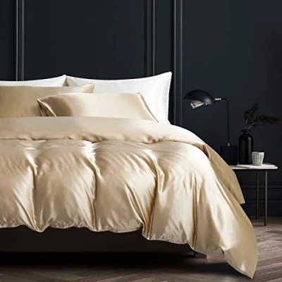 Afbeelding van Damier 3 delige satijnen beddengoedset van hoge kwaliteit, met dekbedovertrek 200 x 220 cm ritssluiting en 2 kussenslopen 80 cm, effen beige