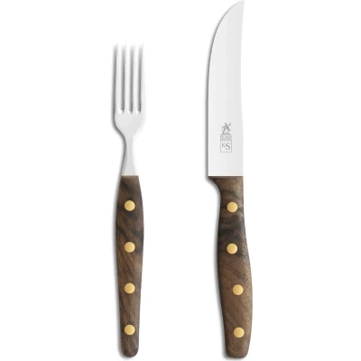 Afbeelding van Robert Herder K Steakvork en Steakmes Breed RVS Fijne Kartel Lemmet 12.5 cm Heft Walnotenhout
