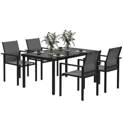 Afbeelding van Outsunny Tuinmeubelen voor buiten, 4 personen, tuintafel buiten met stapelbare stoelen, blad van gehard glas 140 cm, parasolgat 54 mm, tuinmeubelen, terras, veranda, zwart