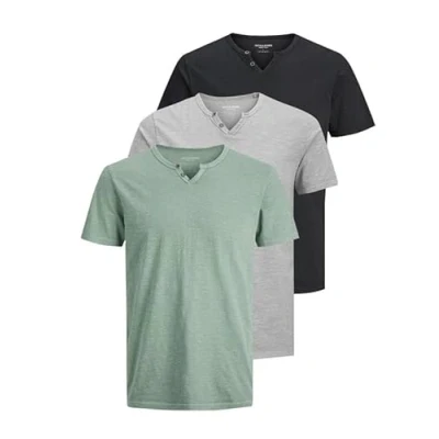 Afbeelding van JACK &amp; JONES JJESPLIT T shirt basique pour homme, col en V, manches courtes, jersey de coton, avec boutons, Lot 3 (pack C : vert sombre, crockery, noir), L