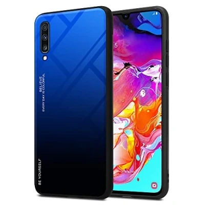Afbeelding van Cadorabo Hoesje geschikt voor Samsung Galaxy A70 / A70s in BLAUW ZWART Tweekleurige beschermhoes van TPU silicone Case Cover en achterzijde gehard glas