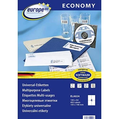 Afbeelding van Europe 100 ELA024 Universele etiketten 105 x 148.5 mm Papier Wit 400 stuk(s) Permanent hechtend Inkjet, Laser (zwart/wit), (kleur), Kopiëren