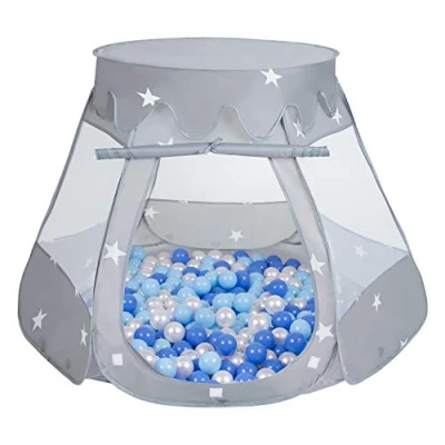 Afbeelding van Selonis Speeltent 105 x 90 cm/300 ballen kasteelhuis verplaatsbare ballenbak met voor kinderen, grijs: babyblauw/blauw/parel
