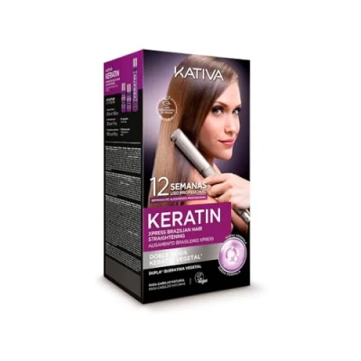 Afbeelding van Kativa keratine Xpress Braziliaanse gladmakende set, nieuwe formule met dubbele keratine, professionele behandeling thuis, tot 12 weken duur, gladmaken plantaardige