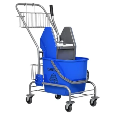 Afbeelding van HOMCOM Waswagen Professionele Schoonmaakwagen van Staal Kaakpers Emmer + Opslag Blauw