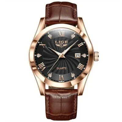 Afbeelding van Lige HerenHorloge Rosé met Zwart (Lederen Band)